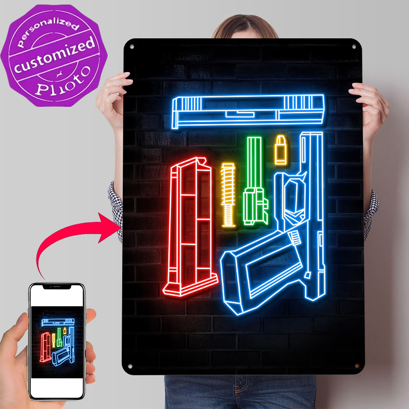 HANDGUN NEON ART Metal Poster  - đánh giá và giá Retro Gaming Bar