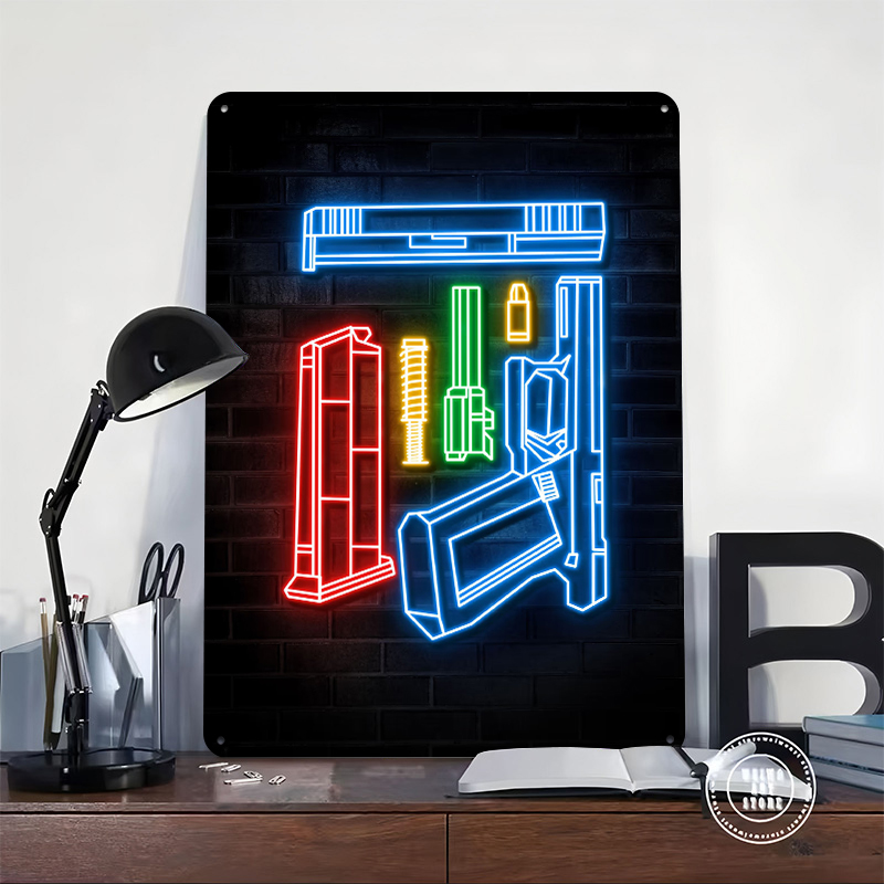 HANDGUN NEON ART Metal Poster  - đánh giá và giá Retro Gaming Bar