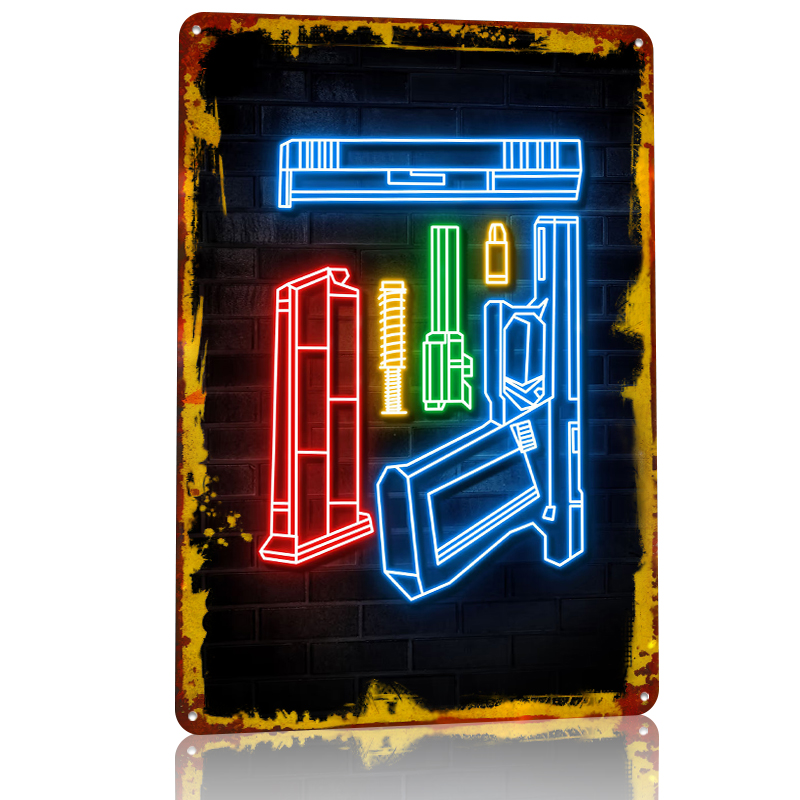 HANDGUN NEON ART Metal Poster  - đánh giá và giá Retro Gaming Bar