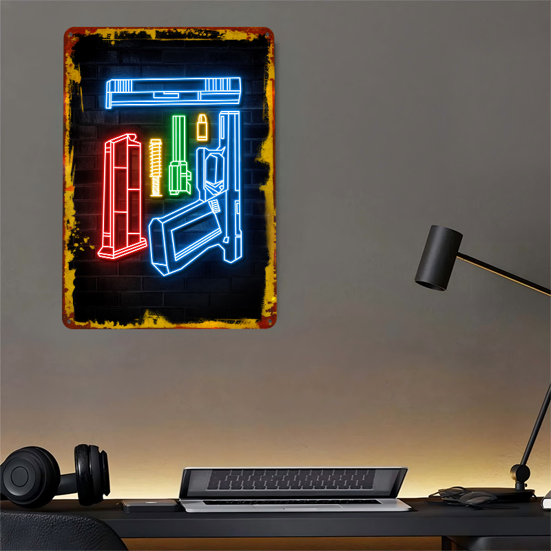 HANDGUN NEON ART Metal Poster  - đánh giá và giá Retro Gaming Bar